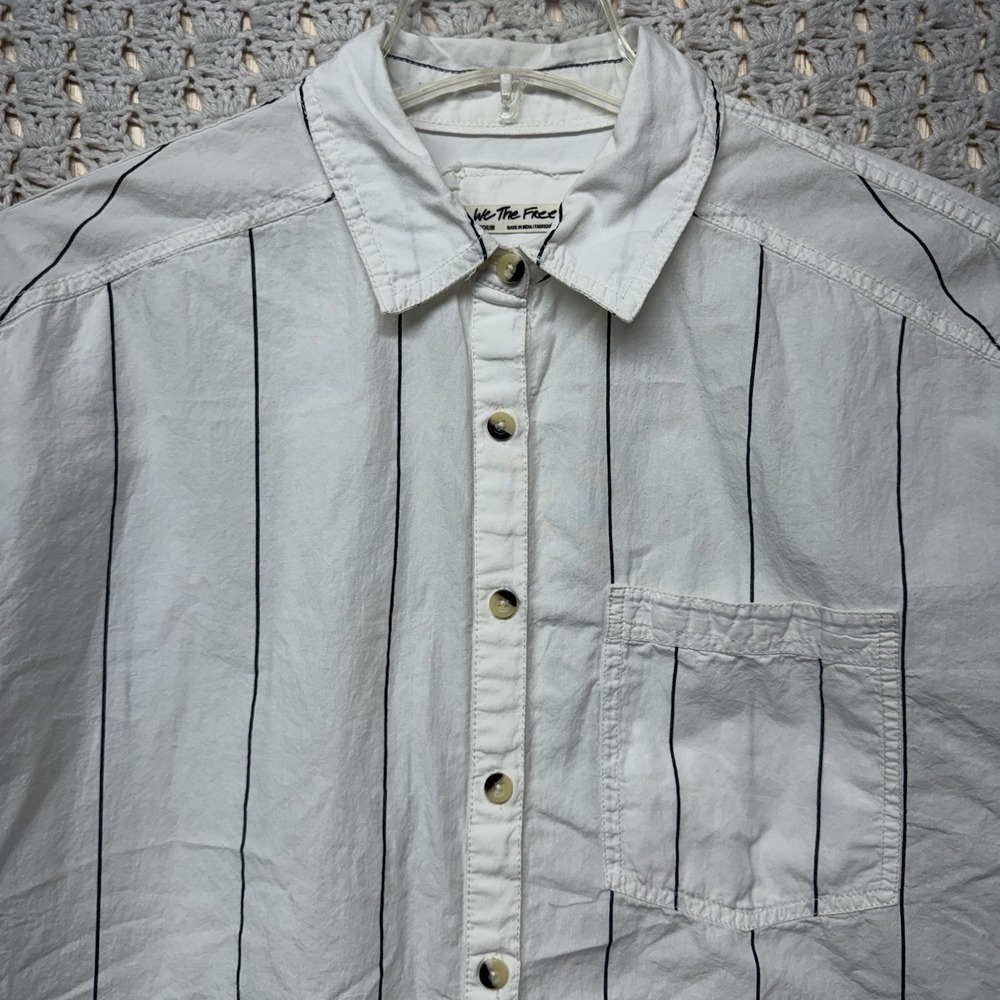 Free People We The Free Women Blouse M Oversize White Striped Button Up Cotton - Picture 10 of 11